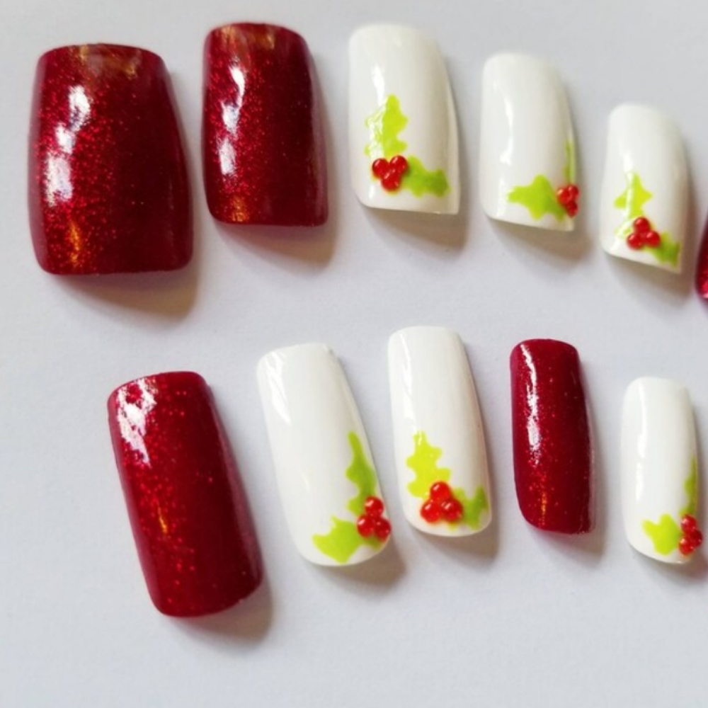 Christmas Press On Nails - Red Glitter Holly Nails New Hand Painted
